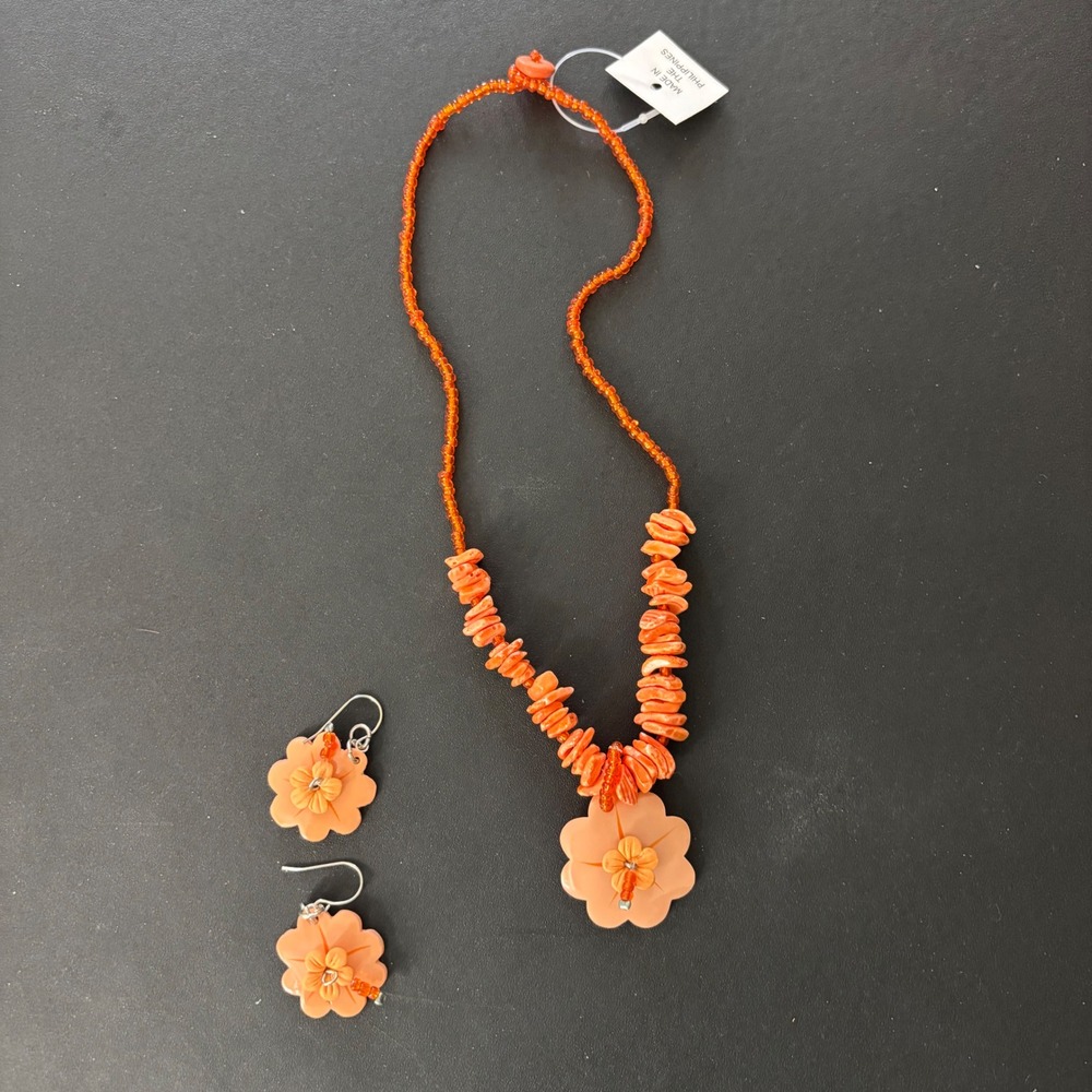 RESELLERS: 3 Orange Faux Coral Hibiscus Necklace/Earring Sets NIP 900-1020